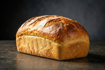 A loaf of golden brown bread sits on a dark surface