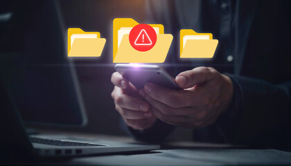 Suspect emails alert spam virus message caution sign for notification on internet threat security....