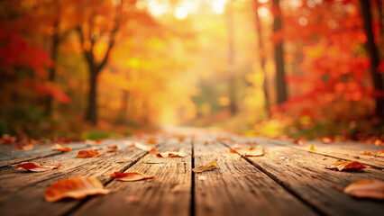 Wooden planks with scattered autumn leaves leading into a blurred forest scene of orange and red foliage and trees in sunlight