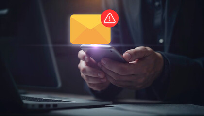 Suspect emails alert spam virus message caution sign for notification on internet threat security....