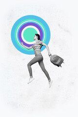 Vertical pop art photo collage of happy businesswoman businessman stand geometric figure...