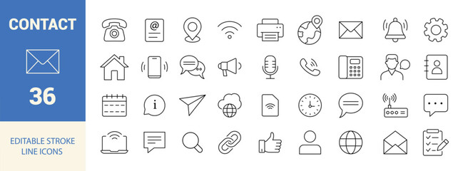 Contact Line Editable Icons Set. Phone, Email, Chat, Address, Internet, Message, Call, and More. Vector Illustration.