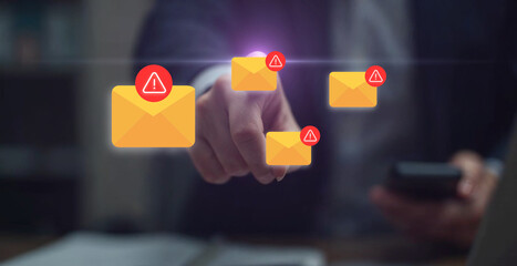 Suspect emails alert spam virus message caution sign for notification on internet threat security....