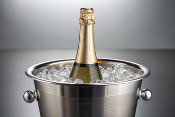 Champagne bottle sits in an ice bucket ready for a celebration
