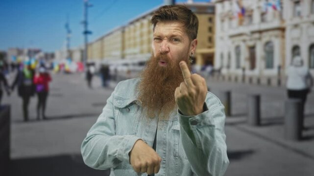 Man with long beard shows raised middle finger in urban street setting, denim jacket visible; defiance.