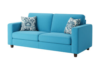 Obraz premium Comfortable Modern Blue Upholstered Sofa with Decorative Throw Pillows for Living Room or Apartment Decor