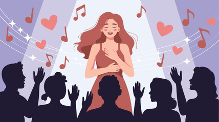 Singer Performing on Stage with Musical Notes and Hearts Surrounded by Enthusiastic Audience