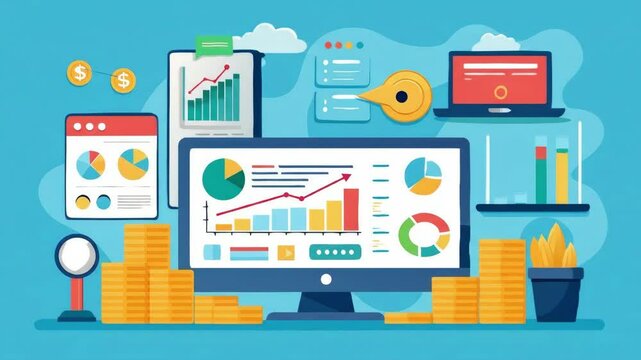 Financial Data Analysis and Growth - An illustration depicting a computer screen displaying various financial charts and graphs, alongside stacks of gold coins, suggesting financial success and data