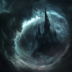 The Obsidian Fortress: A Dark Castle Nestled Deep in the Storm-Swept Mountains, dark storm clouds