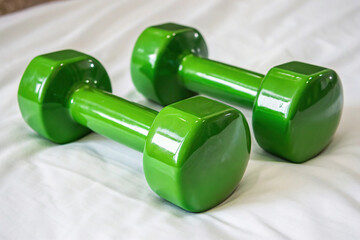 Two green dumbbells sit on a white sheet ready for a workout