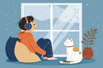Vector boy and cat observing sunset, city, clouds, window; indoors, house, evening vibes, cozy scene.