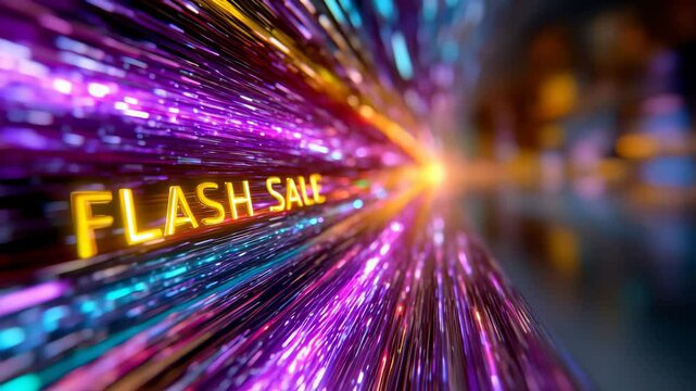 An energetic motion background with glowing 'Flash Sale' text rushing through a vibrant data tunnel, a dynamic visual for e-commerce, Black Friday, and digital marketing promotions.