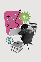 Trend artwork composite banner 3D photo collage of young man work office manager arrow up analyzing...