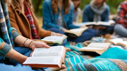 A vibrant outdoor Bible study gathering on blankets.
