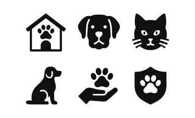 Fototapeta premium Pet icon set featuring dog, cat, house, paw print, hand, and shield symbols