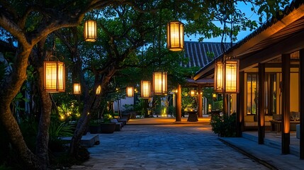 Fototapeta premium Tranquil outdoor pathway at twilight, illuminated by lanterns.