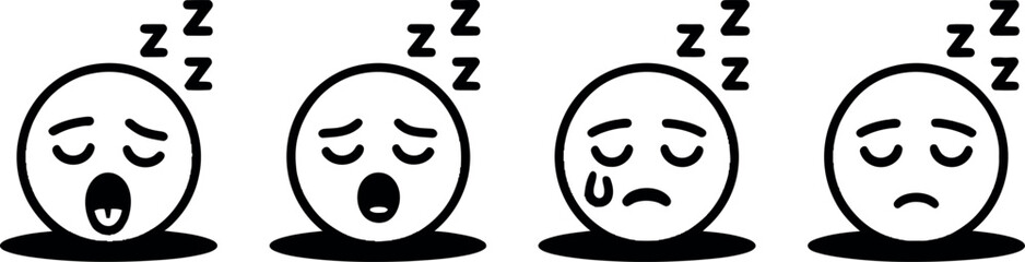 Four Stages of Sleep Emojis:  Yawning, Peaceful, Drooling, and Sad.