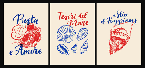 Italian cuisine and sea inspired poster set with pasta, seafood, wine, lemons, shells, herbs and decorative blue tiles in flat cartoon vector style, Mediterranean kitchen wall art prints