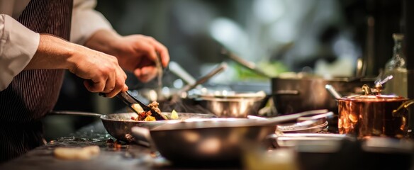 Fototapeta premium The chef skillfully preparing a gourmet dish in a bustling kitchen environment.