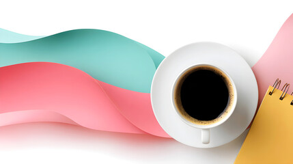Cup of black coffee with yellow notebook on white table and colorful abstract paper waves in pastel tones. Copy space