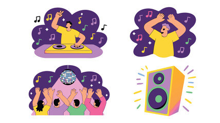 Flat Illustration of a DJ, Dancing People, Disco Ball, and Loudspeaker with Musical Notes