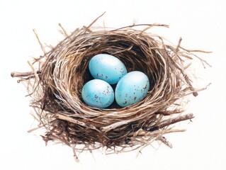 Soft watercolor depiction of a rustic bird nest with three robin eggs on a delicate white and blue background