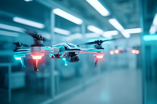 A high-tech drone with glowing lights, symbolizing cutting-edge drone technology, advanced surveillance, and potential military or industrial applications.
