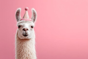 Cute white llama in a pink party hat, symbolizing joy, celebration, and quirky fun on a vibrant pink background.