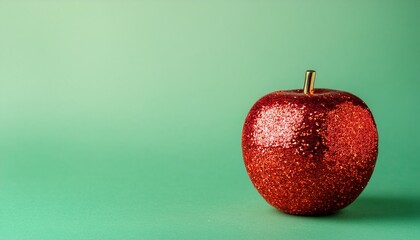 Red glitter apple on pale green background with copy space. Generated image