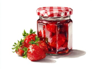Watercolor Illustration of Homemade Strawberry Jam in Glass Jar with Gingham Lid on White Background