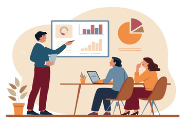 Vector brand manager presenting a marketing strategy plan, using digital tools, targeting consumers. Focus on market analysis, advertising, campaign, and social media engagement.
