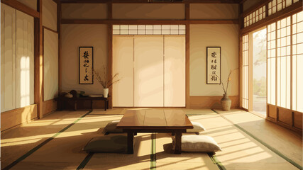 Japanese room interior with shoji screens tatami mats