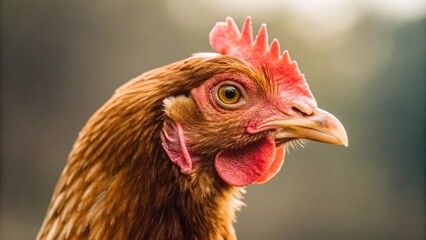 A striking close-up portrait of a brown hen, showcasing its bright red comb and wattles, and keen eye, set against a soft, naturally blurred background.

