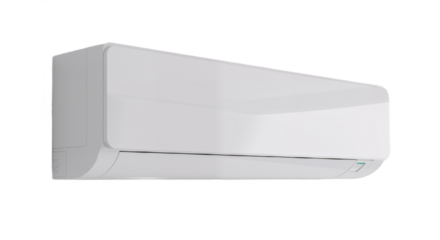 Modern Wall-Mounted AC Unit with Minimalist Design Against White Background, Symbolizing Efficiency, Comfort, and Contemporary Climate Control
