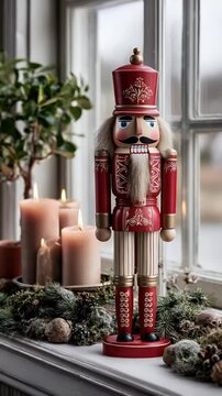 Wooden nutcracker decoration on windowsill