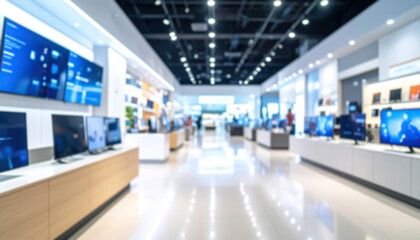 Fototapeta premium Blurred Television displays inside a store. TV screens in an electronics shop.