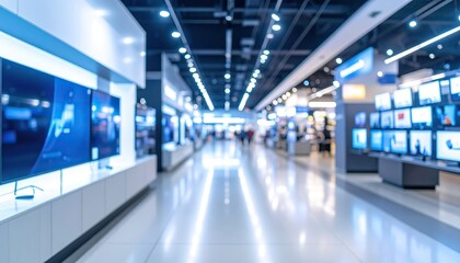Obraz premium Blurred image of a store aisle with display TVs on white shelves.