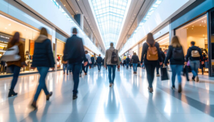 Blurred Crowded shopping mall concourse with blurred shoppers and bright skylight.