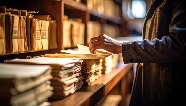 Person looking through old documents in a archive on a wooden shelf