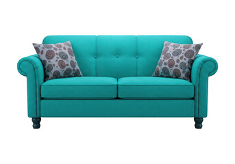 Stylish Tufted Teal Loveseat Sofa with Decorative Accent Pillows for Modern Living Room Furniture Arrangement