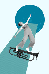 Vertical trendy art collage of happy guy girl dance music instrument horn orchestra melody celebration event weekend party © deagreez