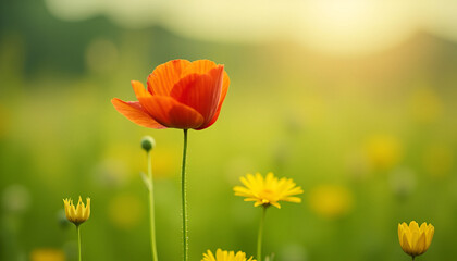 Obraz premium Vibrant Red Poppy in a Green Field at Sunset
