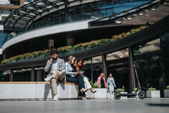 Diverse people work and socialize outdoors near a contemporary office building. The scene embodies collaboration, modern lifestyle, and the integration of work and relaxation in urban environments.
