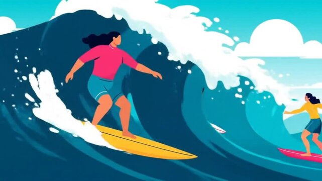 Two surfers catching big ocean waves on sunny day in colorful cartoon style. Sport concept