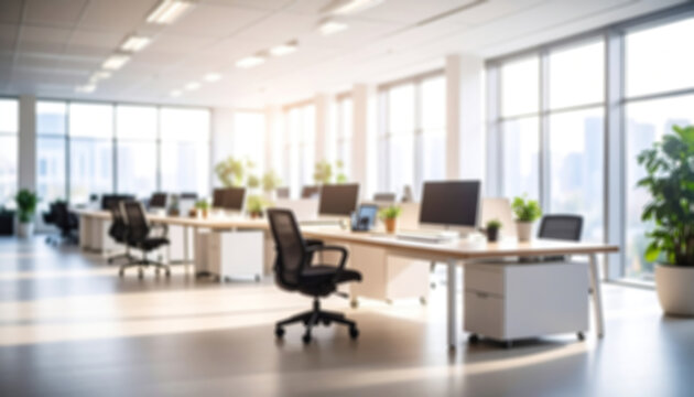 Blurred Bright office space with open layout and minimalist design aesthetic.