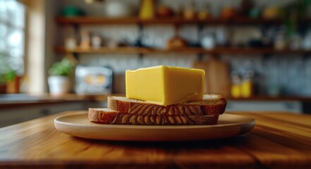 Butter and bread on a wooden dining table