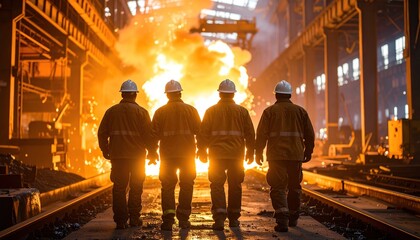 Fototapeta na wymiar Steelworkers on the job amidst sparks and heat at a metal processing plant.