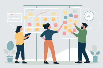 Vector business team collaboratively strategizing, planning a marketing campaign using sticky notes, graphs, charts.