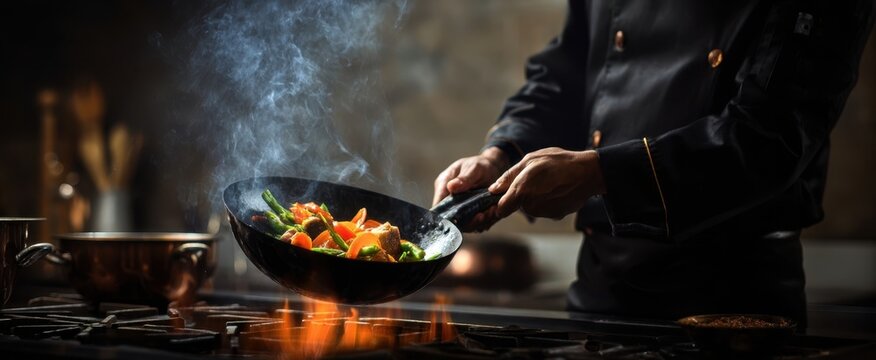 The chef skillfully prepares a vibrant stir-fry in a modern kitchen. - Powered by Adobe