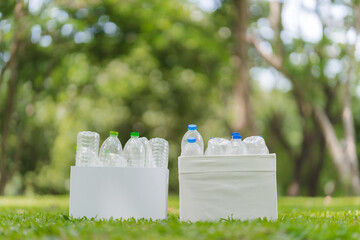 Recycled Plastic Bottles in Boxes on Green Grass